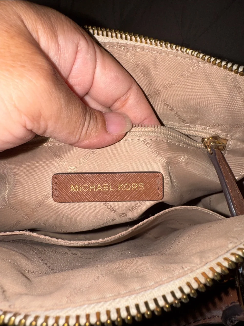 Michael Kors Brown & Beige Signature Dome Satchel with Gold Hardware